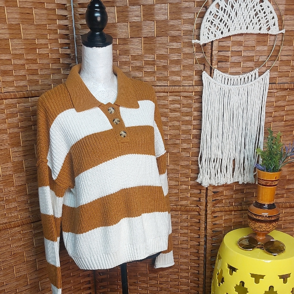 Striped Polo Knit Sweater - Cream & Mustard, XL